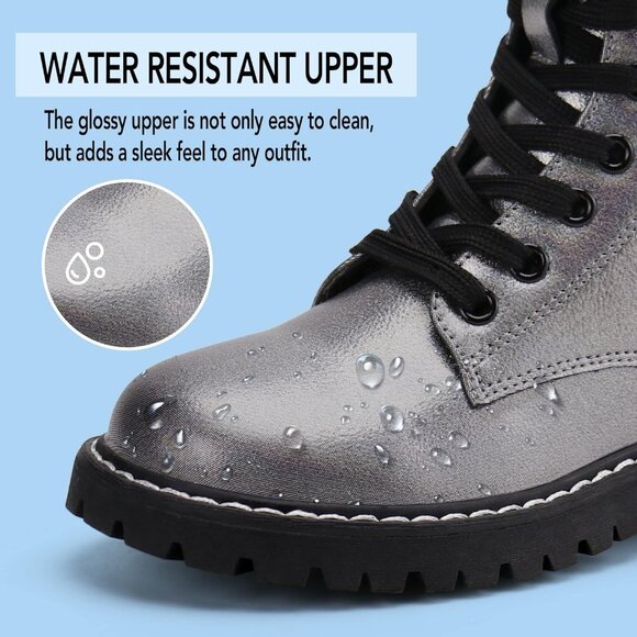 Kids Grey Ankle Boots Boys Girls Side Zipper Lace Up Work Boots Combat Boots - Picture 2 of 7